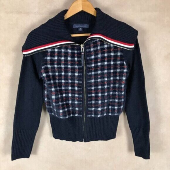 TOMMY HILFIGER Plaid Funnel Neck Zip Front Sweater NEW Size XS - Picture 1 of 13